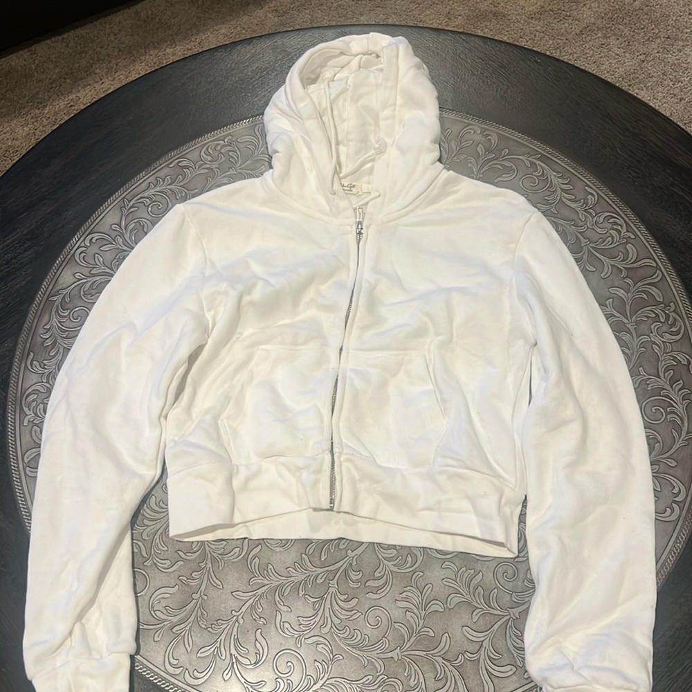 Brandy Melville John Galt White Full Zip Crop Hoodie One Size